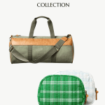 An advertisement for the Hearth and Hand with Magnolia Target Summer Collection featuring a duffle bag with olive green fabric and brown leather accents. Below it are two travel pouches, one green with a white plaid pattern and the other white with a subtle pattern. Text reads "Hearth & Hand Target Summer Collection.