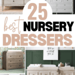 A collage titled "25 Best Nursery Dressers" features a variety of stylish and practical nursery dressers. Each dresser varies in design, color, and size, showcasing different storage solutions and aesthetics for nurseries. "Best Dresser for Nursery" options are included. Visit christeneholderhome.com for details.