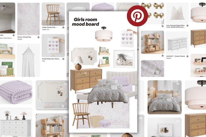 A Pinterest board titled "Girls room mood board" displays various bedroom decor ideas. The main image features a room with a bed, grey bedding, pillows, a wooden dresser, a chair, and wall decor. Learn how to create a mood board on Pinterest with surrounding images showing additional furniture, lighting, and accessories.