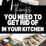 A collage of organized kitchen drawers with text overlay reading "Things You Need to Get Rid of When Organizing Your Kitchen." The images showcase tidy storage solutions, featuring compartments for utensils, gadgets, plastic containers, and bowls.