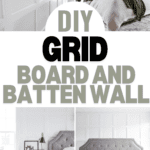 Collage of a bedroom featuring grid board and batten wall panels. The text in the center reads "DIY Grid Board and Batten Wall." The images show different angles of the bedroom, highlighting the wall design behind a bed and nightstand. Learn "How to Build a Grid Board and Batten Wall" at the website URL below.