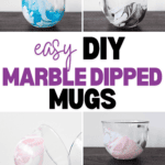 A collage image showcases glass mugs decorated with vibrant marble patterns in blue, pink, and purple hues. The text "Easy DIY Marble Dipped Mugs" is prominently displayed. Visit www.christeneholderhome.com for more details on these stunning marble dipped mugs.