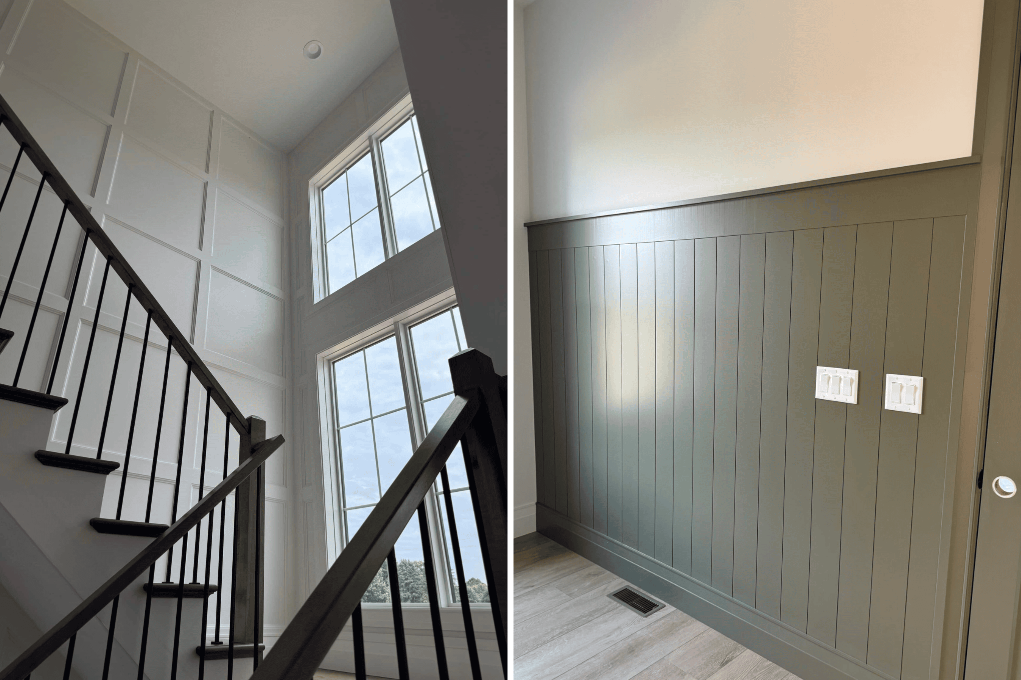 A split image showcases two interior wall designs. The left side highlights a bright, double-height staircase with large windows and white paneled walls. On the right, a creative accent wall features sage green wainscoting with vertical panels and two light switches on a neutral-colored wall.