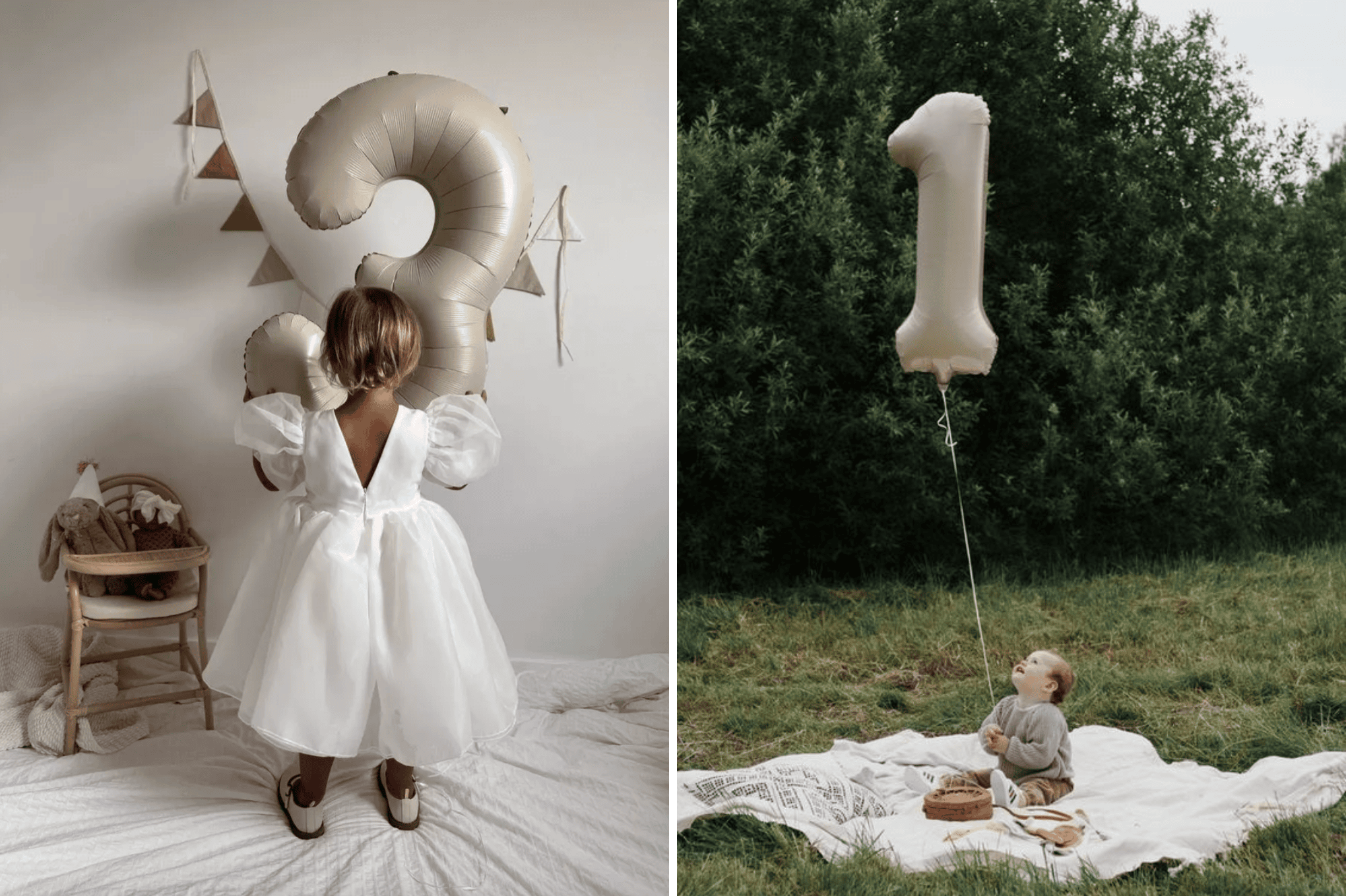 A collage of two images: The left shows a child in a white dress holding a large gold "3" balloon. The right shows a child sitting on a blanket outdoors, looking up at a large gold "1" balloon floating above them. Both scenes suggest cute birthday photoshoot ideas and joyful celebrations.