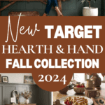 An image showcasing the "New Hearth and Hand with Magnolia Target Fall Collection 2024." The display features stylish home decor items, including cozy textiles, decorative pottery, and furniture in neutral and warm tones. A woman is sitting on a bench smiling at the top of the image.