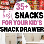 A drawer organizational system showing an assortment of snacks including granola bars, crackers, and fruit snacks. Text overlay reads: "35+ best snack ideas for your kid's back-to-school snack drawer." Website link at the bottom: www.christeneholderhome.com.