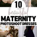 A collage of four women in different settings wearing elegant maternity gowns. Text in the center reads "10 Beautiful Maternity Photoshoot Dresses." The website "www.christeneholderhome.com" is listed at the bottom of the image.