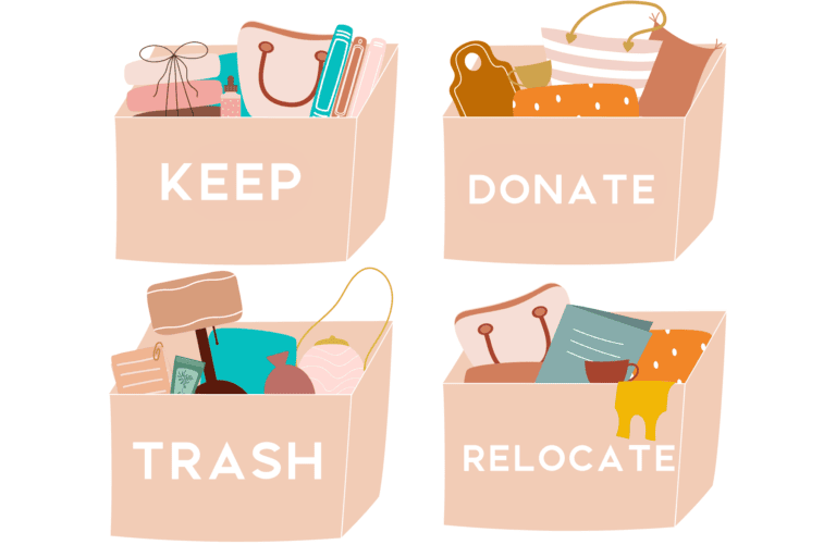 Organized with the Four-Box Method, four boxes labeled "Keep," "Donate," "Trash," and "Relocate" streamline the decluttering of your home. Each box brims with items like books, bags, and clothing, symbolizing a systematic approach to sorting belongings for different purposes.