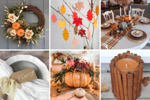 A cozy collage features fall-themed decorations: a wreath with pumpkins and flowers, paper leaf ornaments, a table setting with Thanksgiving decor, a place card on a napkin, a pumpkin floral centerpiece, and a DIY cinnamon stick candle.