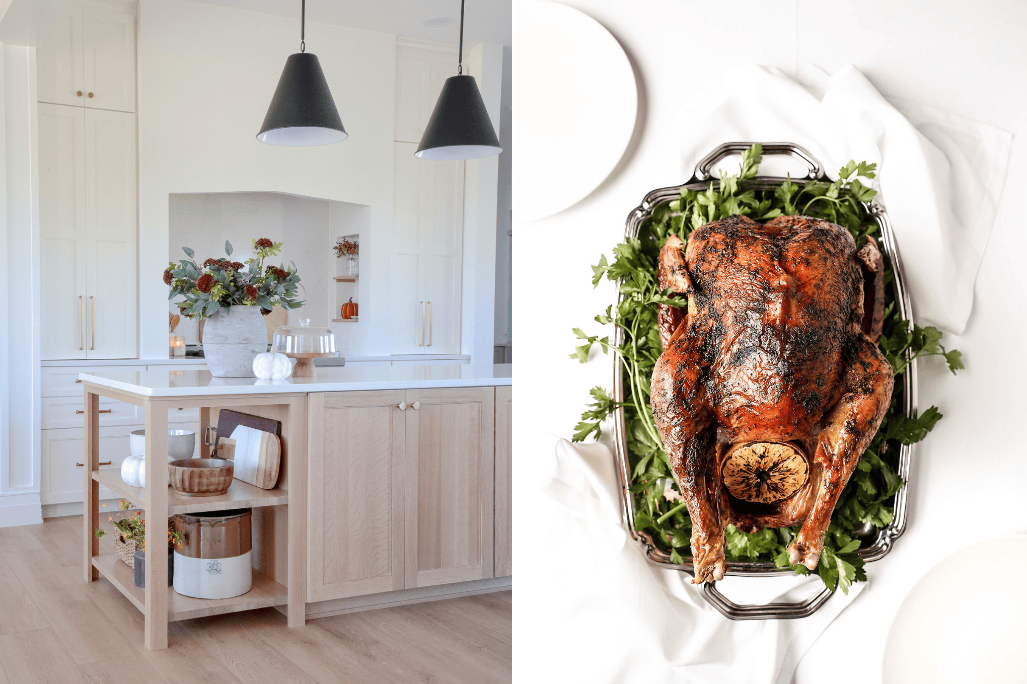 A modern kitchen with light wood cabinetry and a white backsplash on the left. On the right, a roasted turkey garnished with greens and a lemon slice, embodying stress-free holiday vibes with perfect kitchen organization for seamless Thanksgiving celebrations.