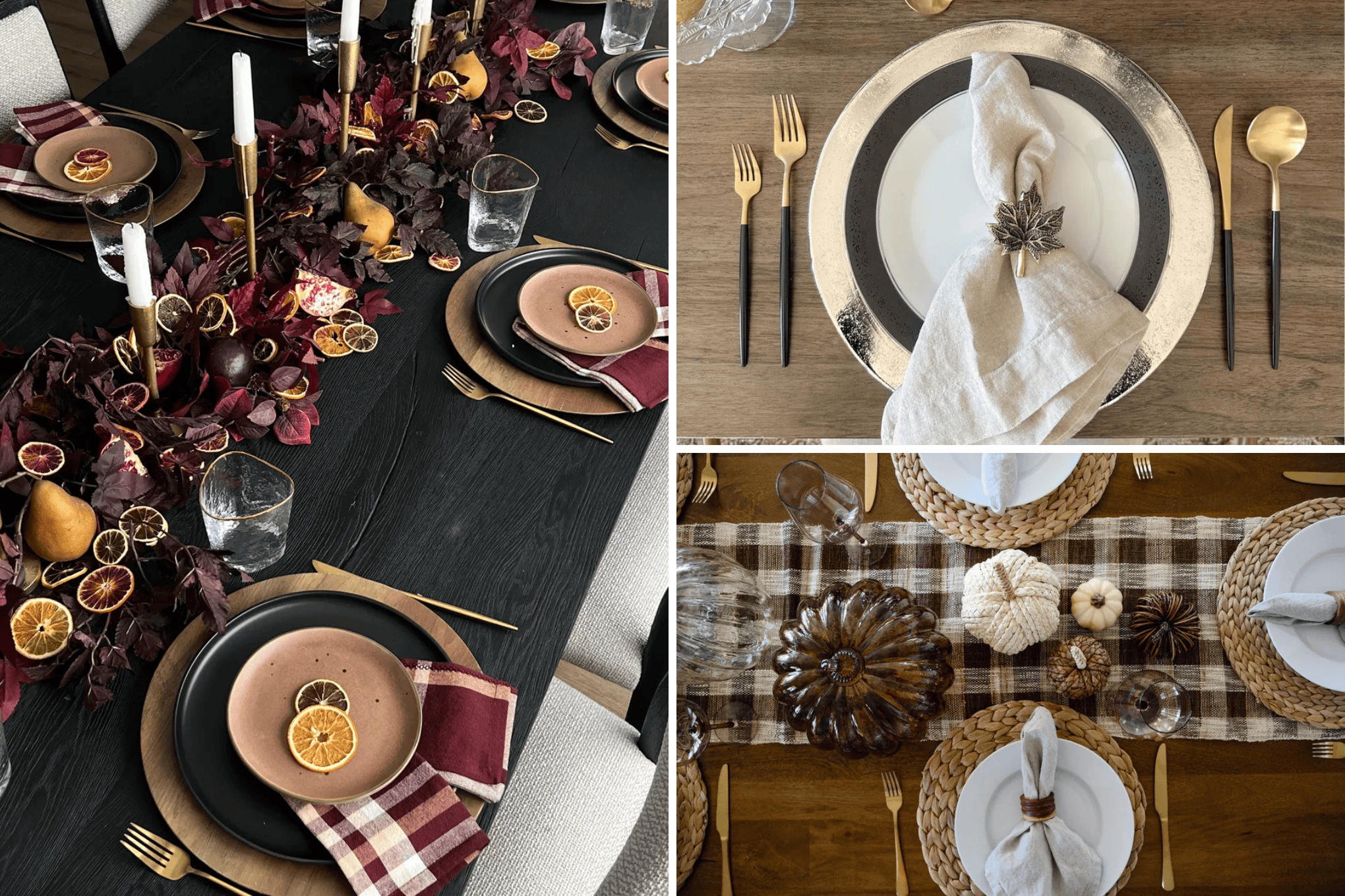 A collage of three autumn-themed table settings to impress on a budget. The left boasts dark leaves and dried citrus. The top right features a metallic theme with a leaf napkin ring, while the bottom right showcases pumpkins and plaid with woven placemats and autumn accents, perfect for Thanksgiving.