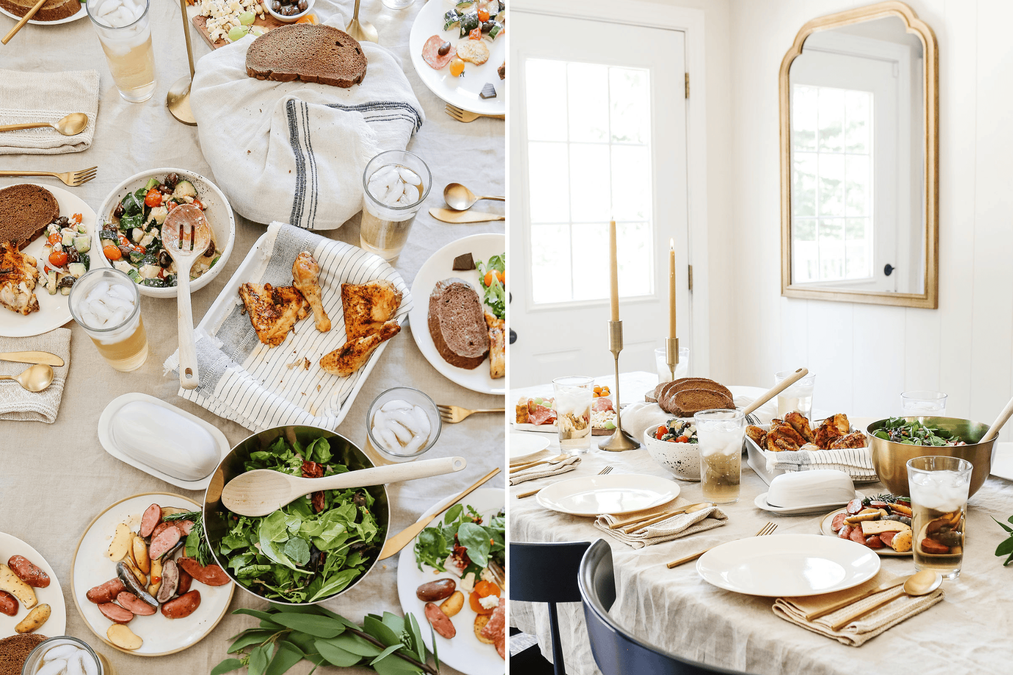 A dining table set for a stress-free meal. On one side are plates of roasted chicken, salad, bread, and drinks on a light tablecloth. The other side showcases the same meal with candles and a mirror reflecting the room, perfect for a serene family gathering.