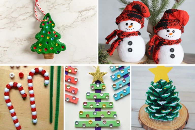 Collage of kid-friendly Christmas crafts: a tree ornament with colorful gems, two sock snowmen with scarves, bead and pipe cleaner candy canes, a popsicle stick tree adorned with jewels, and a pinecone painted as a Christmas tree with a star, perfect for creating cherished holiday memories.