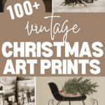 Collage of vintage Christmas art prints, featuring winter scenes with sleighs, snowy landscapes, and festive interiors. Add holiday charm to your home decor with these 100+ enchanting prints.