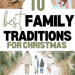 Collage of Christmas scenes: cookies being cut and baked, a figure skating, a family walking in snow, a festive house with lights, and freshly baked cinnamon rolls. Text: "10 Best Family Christmas Traditions for the Holiday Special.