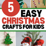 A collage titled "5 Easy Christmas Crafts for Kids" showcases holiday memories with a foam star-topped tree, candy cane sticks, bead tree ornaments, painted reindeer clothespins, and sock snowmen in hats and scarves. Visit christeneholderhome.com for more kid-friendly Christmas crafts.